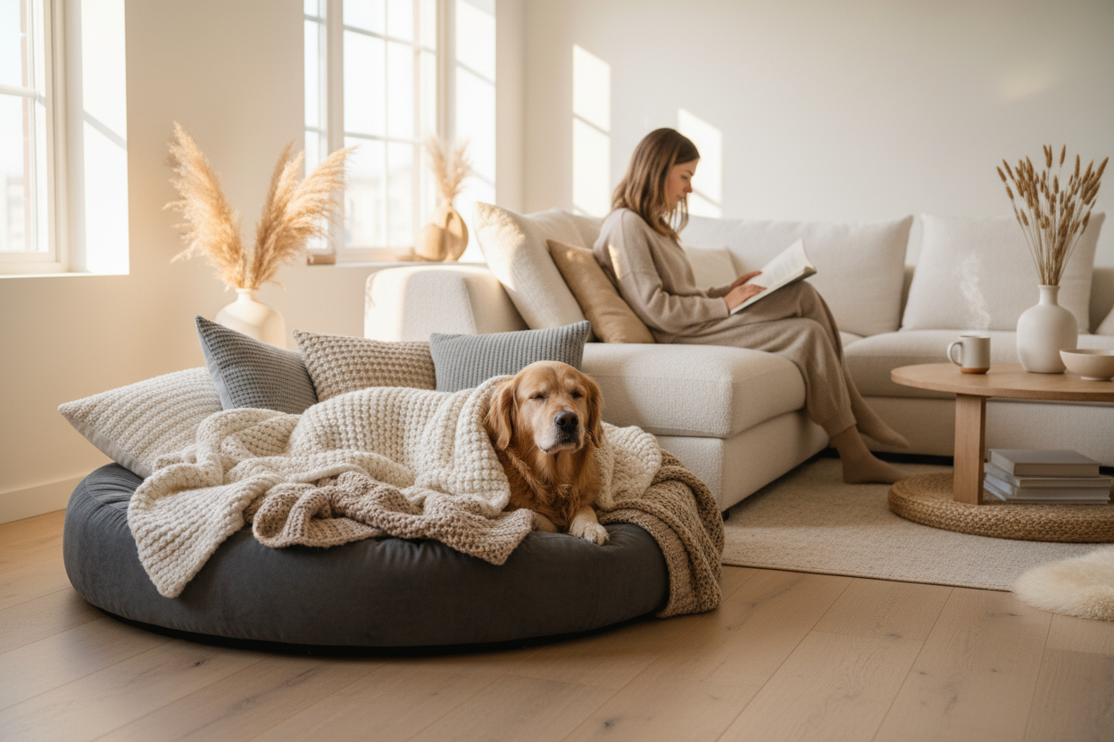 a cozy modern living room with a soft dog bed, plush blankets, and pillows. A relaxed dog resting comfortably while a person sits nearby reading, Natural light, neutral cozy tones, warm and inviting home, lifestyle photography style